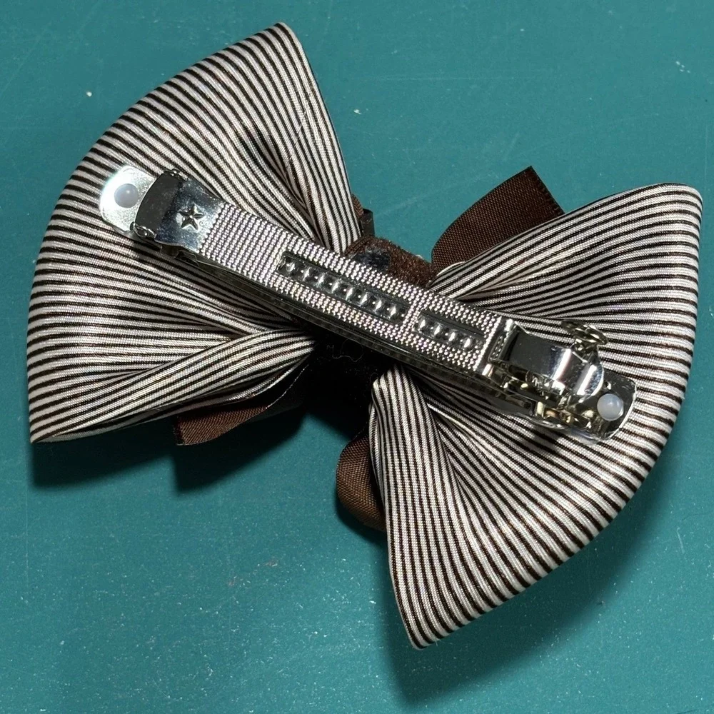 Brown Striped Satin‎ Rhinestone Hair Bow Barrette Clip Elegant Accessory